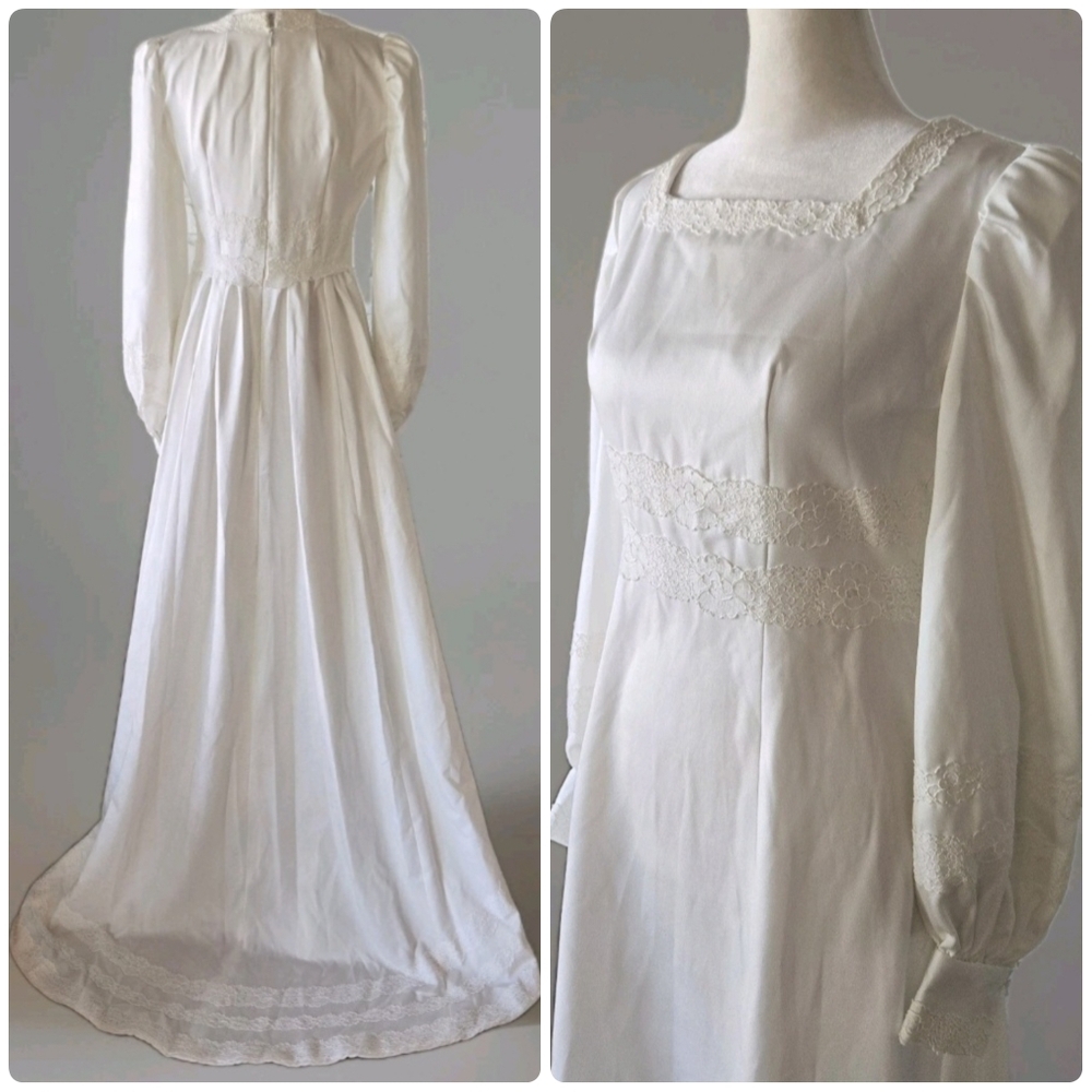 Vtg 1970s Ivory Edwardian Style Wedding Gown & VEIL, Lace Appliqué, 4/S